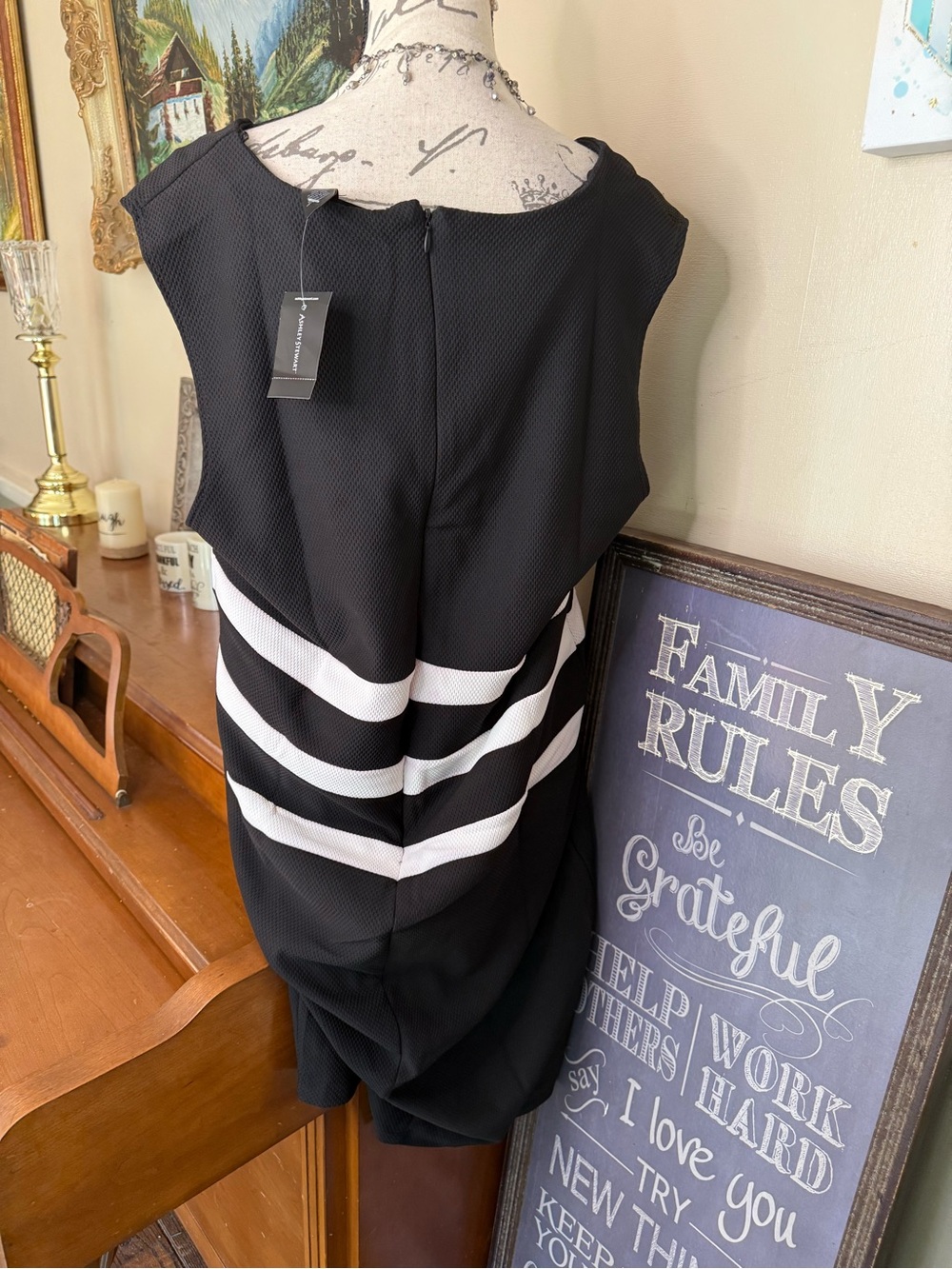 Black V-Neck Sleeveless Dress with White Stripe Waist NWT 50.00 - Picture 3 of 4